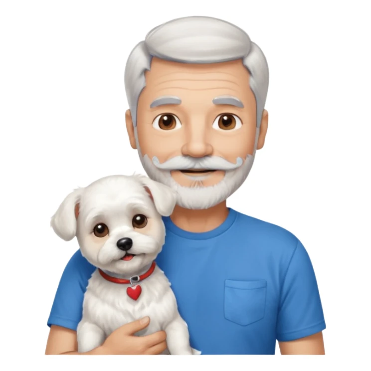 handsome gentleman, 60 years old, very short silver hair, beard, sideburns and moustache, wearing a blue t-shirt, smiling and holding a maltese dog sticker