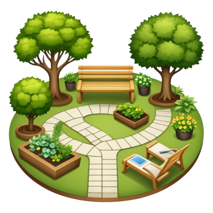 Icon for Landscape Design: a garden layout with trees, plants, pathways, and outdoor furniture, along with design tools like a ruler and sketchpad. The icon should represent the creativity and planning behind landscape design. Transparent background. sticker