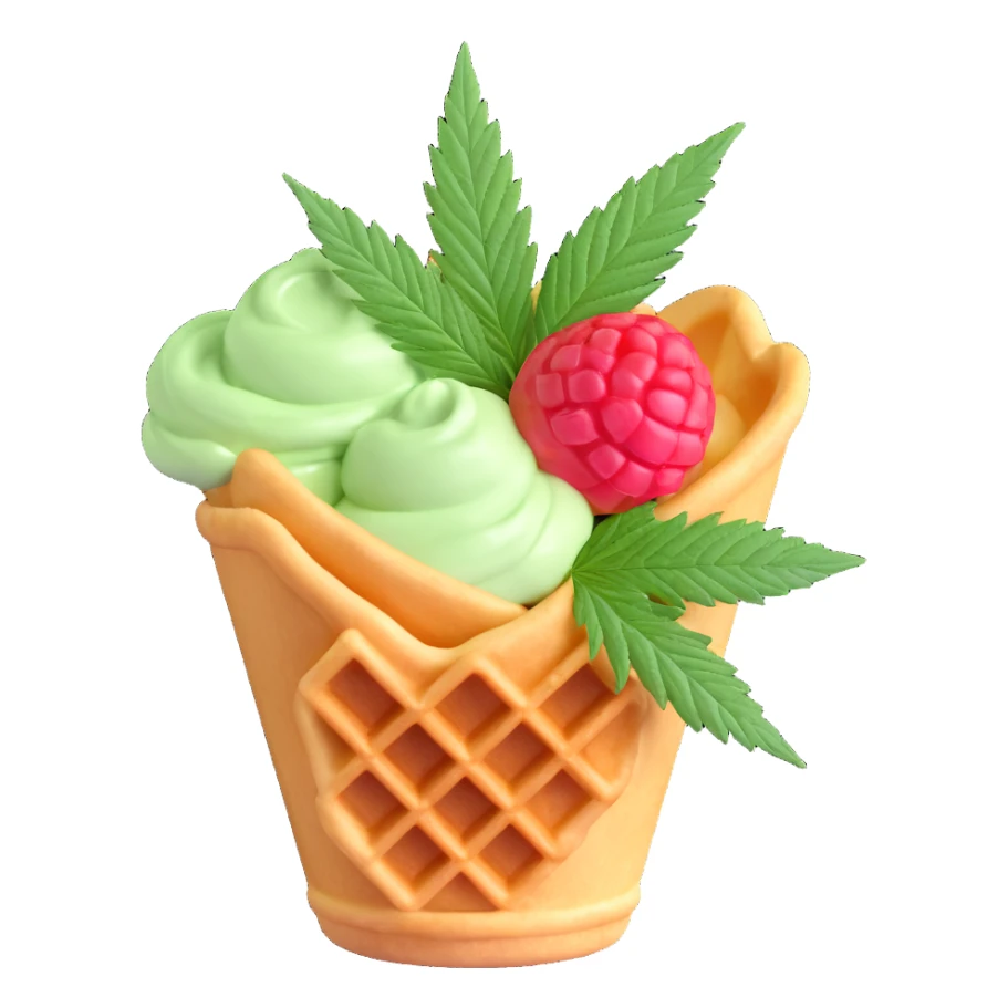 colorful gelato in a waffle cup with cannabis leaf sticker