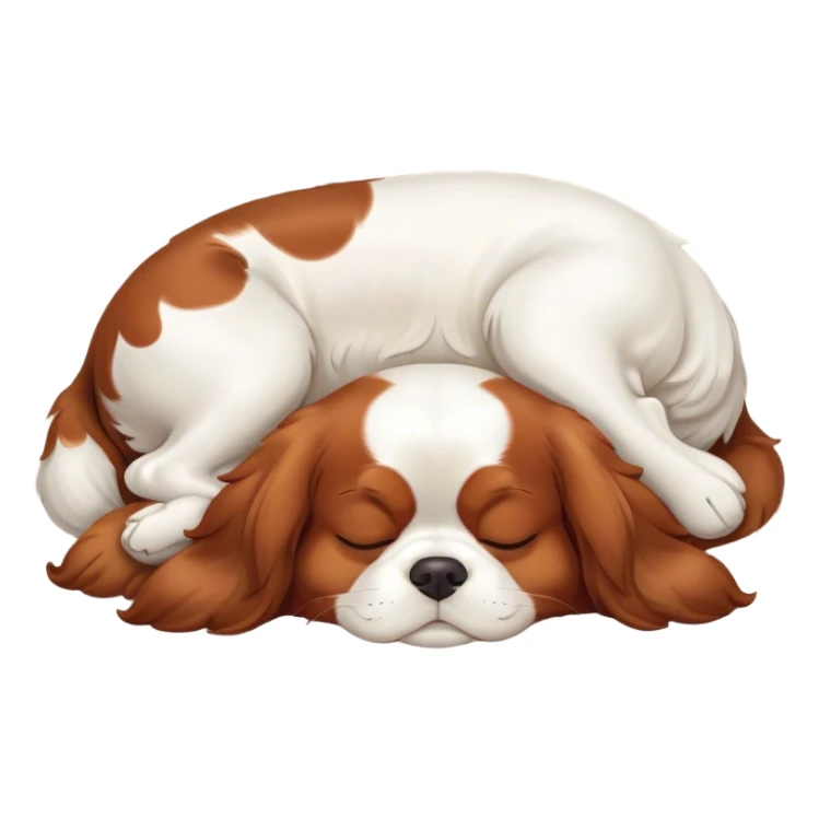 Cinematic Meme-Worthy Chubby Sleeping Cavalier King Charles Spaniel Portrait Emoji, Head resting peacefully with a contented smile, showcasing a delightfully chubby build and a luxuriously soft coat of chestnut and white, eyes shut in a serene nap, Simplified yet hilariously adorable features, highly detailed, glowing with a soft, drowsy light, high shine, relaxed and utterly lovable, stylized with an air of playful laziness, bright and heartwarming, soft glowing outline, capturing the essence of a comically sleepy Cavalier King Charles Spaniel, so meme-worthy it feels like it could instantly become the next viral sensation of adorable slumber! sticker