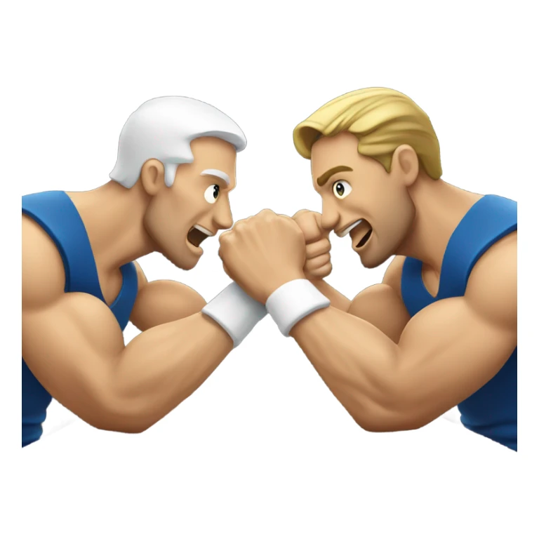 Two men armwrestling sit in front of a table. White men  sticker