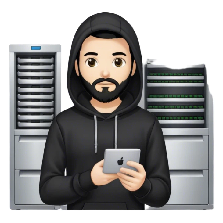 hackeur blanc cheveux noir barbe et capuche noir à côté d'un server sticker