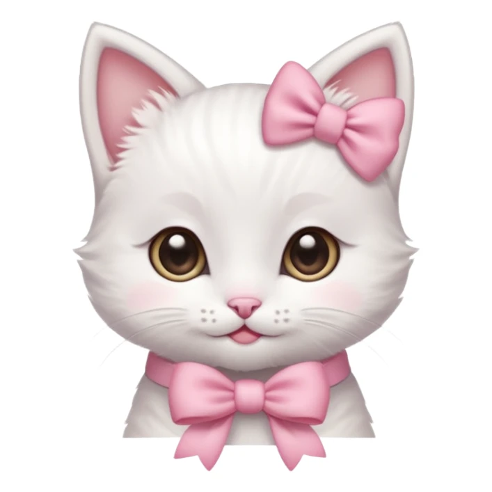 A tiny white kitten with innocent eyes, rosy pink cheeks, and an adorable smile, sporting a dainty pink bow on its head sticker