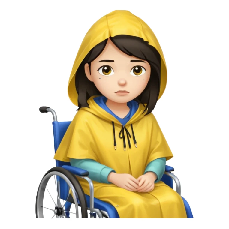 Girl with dark hair  in a wheelchair with rain poncho sad  sticker