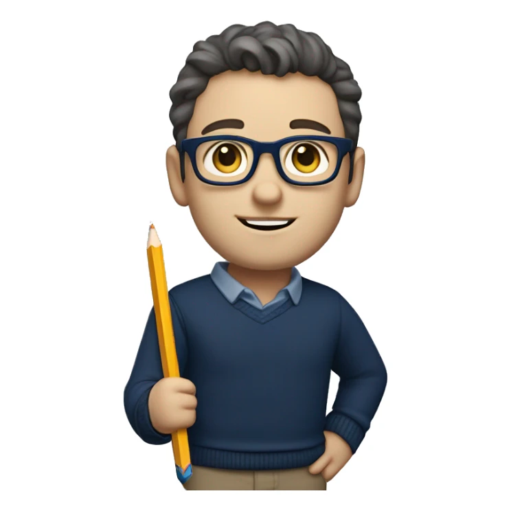 caucasian white boy with dark wavy  hair, blue glasses, and carrying design plan because he is an architect carrying a pencil and a set model maquette. wearing a navy blue long sleeve sweater shirt. smart.  sticker