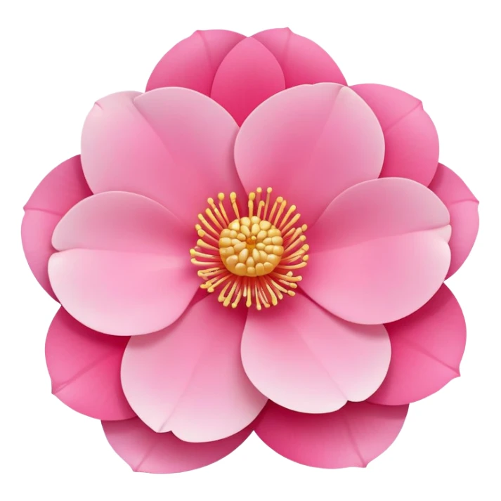 camellia flower, flat design, 5 layered pink petals with soft gradient, golden stamen in center, minimal outline, clean circular shape, pastel colors sticker