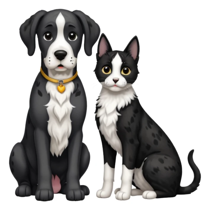 Large Black and white great dane dog sitting with a small black and white cat sticker