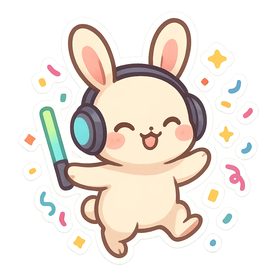 cute rave bunny wearing headphones, holding a glow wand, surrounded by confetti, festive mood sticker