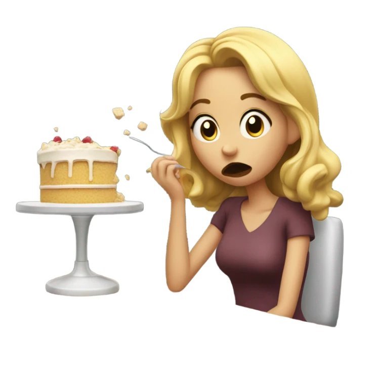 Blonde girl shoving cake into her mouth while working sticker