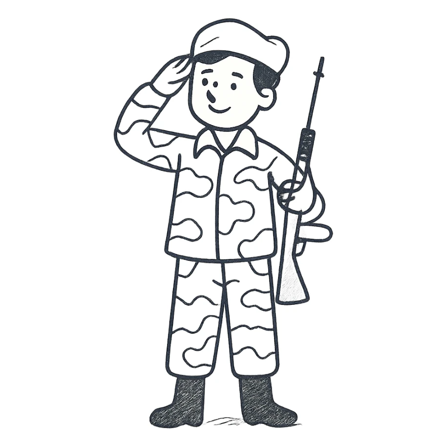 Remove the text from the chest, keep the little soldier with a camouflage uniform in cream, brown, and beige colors, saluting like a military figure, in a hand-drawn style. sticker