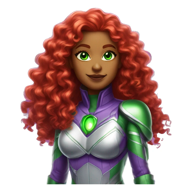 dc comics starfire glowing green eyes red curly long hair, purple and silver spacesuit with no helmet no green jewels sticker