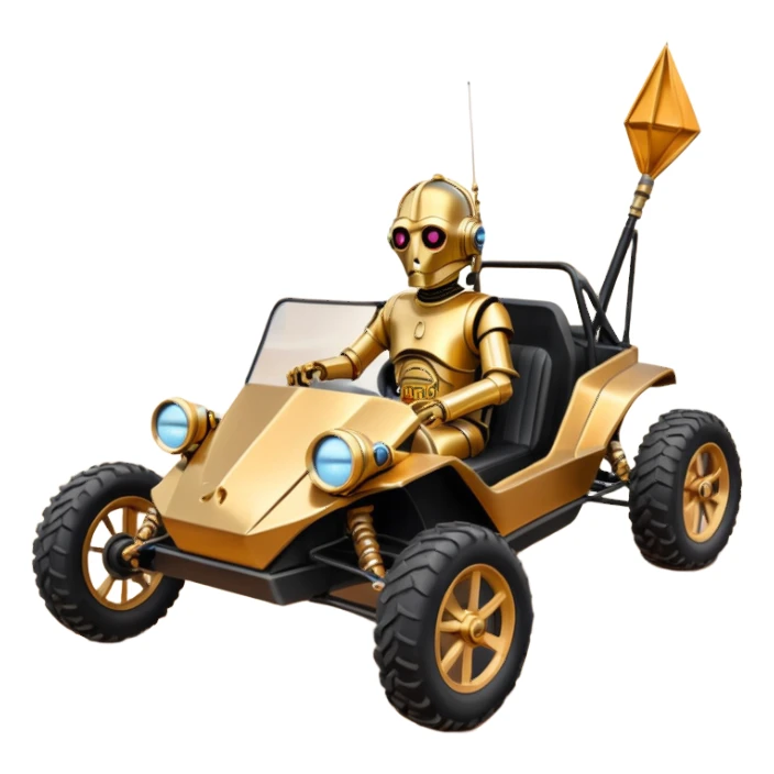 American southWest tarnished neon underglow C-3PO ghost hunter 1964 delicately ornate rosegold wood accents painted dune buggy buckboard powered by electric motors and batteries with racing safety belts while flying rapidly roughening terrain stable on strong agile advanced suspension and steering sticker