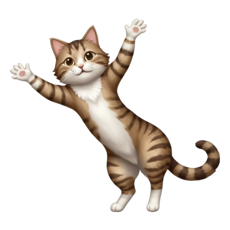 dark brown tabby and white cat with doing a big extremely long stretch reaching up into the air with arms and legs side by side together straight and overextended whilst lying on its side sticker