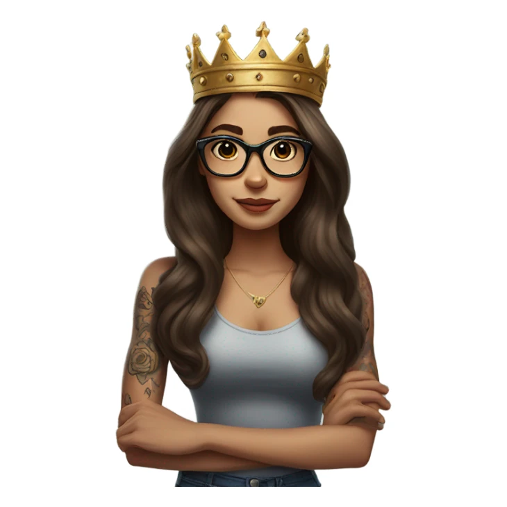 Hyperrealistic beautiful  girl, wearing a crown and glasses, arm tattoos, with long brown hair  sticker