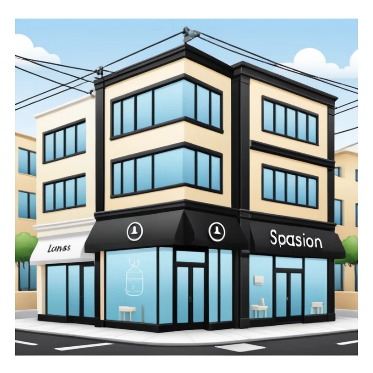 three separate beauty salon buildings spaced apart connected by lines like a network sticker