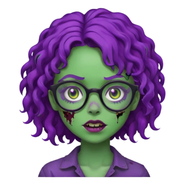 Crie uma garota zumbi com cabelo cacheado roxo, óculos preto e sardas com a pele verde  sticker