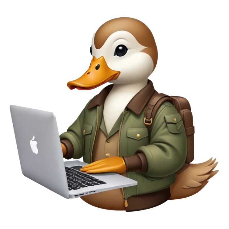 duck wearing a bomber from balenciaga and his working on a macbook sticker