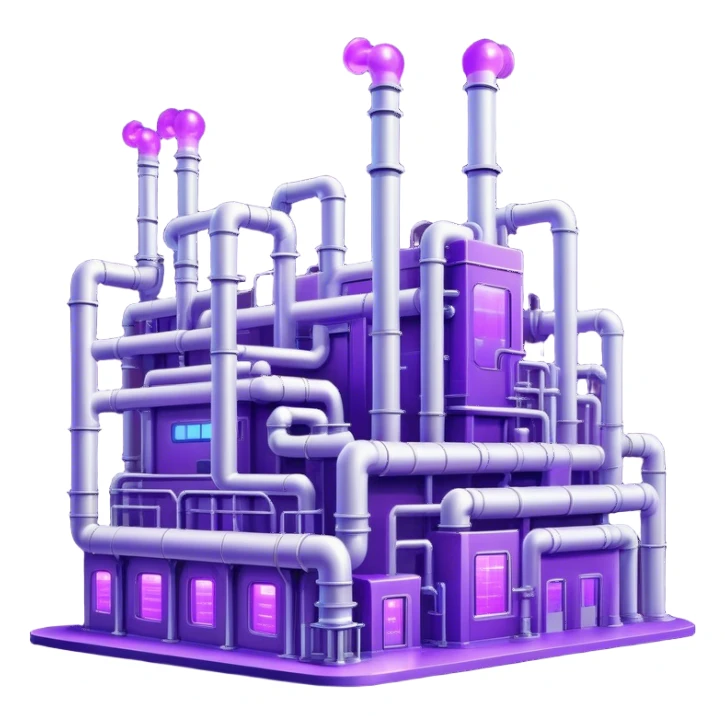 AI-powered factory. It should be a building with pipes. Add violet glowing symbolizing power of AI sticker