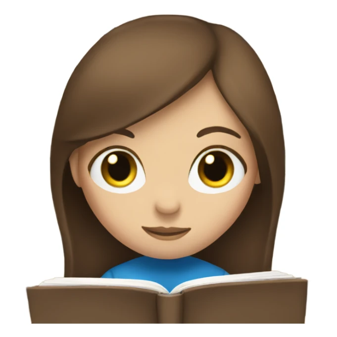 A girl with brown hair and blue eyes is reading a book sticker
