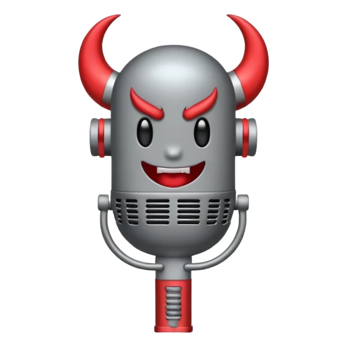 Minimalist emoji-style sticker of a classic retro microphone with small devil horns and a subtle tail wrapping the base. Grayscale with slight red accents.
 sticker