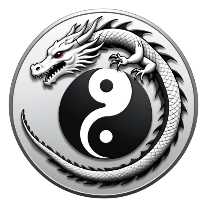 An icon symbolizing Eastern martial arts in the style of an emblem, featuring a black-and-white Yin-Yang symbol and a dragon at the center, surrounded by elements like a dojo. Transparent background highlights balance and power. sticker