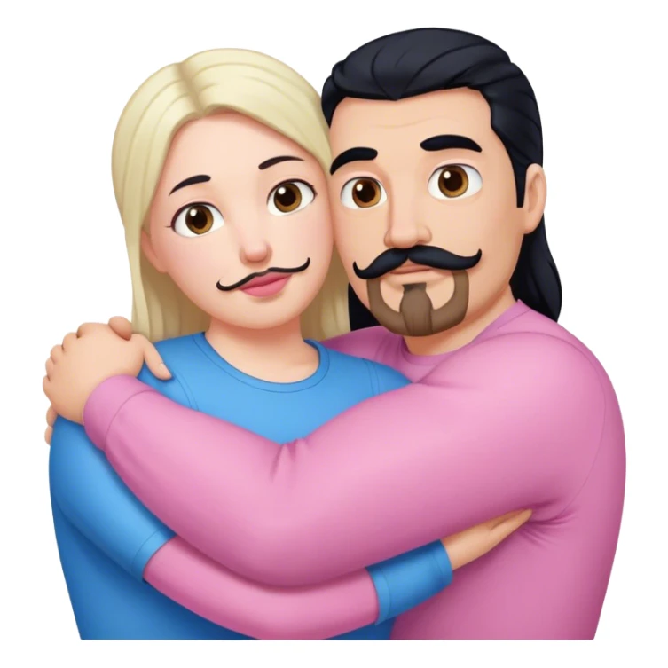 Tall strong white man with brown mustache goatee wearing blue hugging a chubby short pale woman with long black hair wearing pink sticker