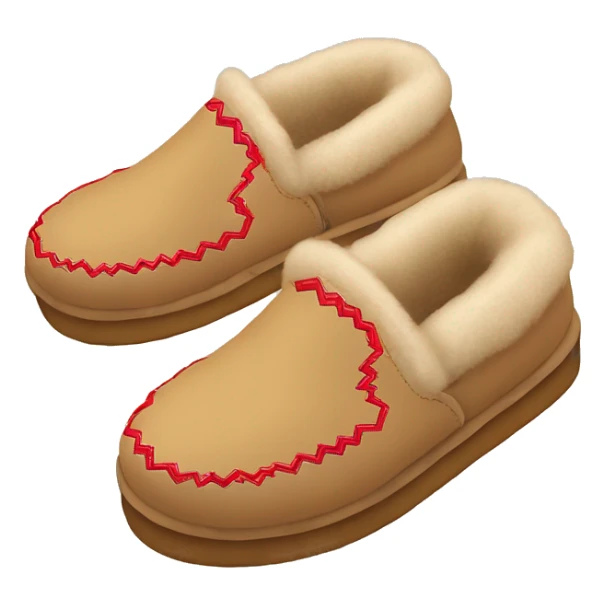 Ugg Camel slip-on slippers. A thin red zig-zag stitch only encircling ankles, VERY chunky platform sole. sticker