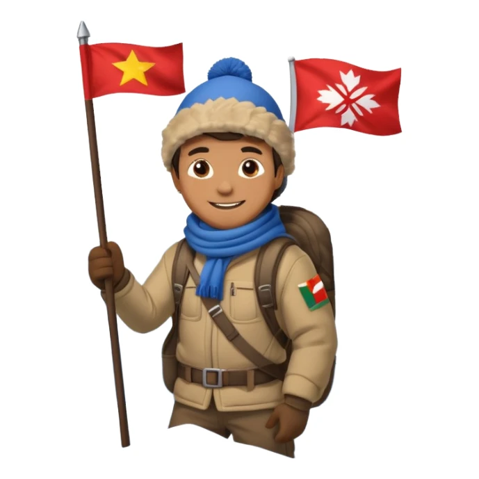 a smiling man on a snowy mountain peak, holding a flag sticker