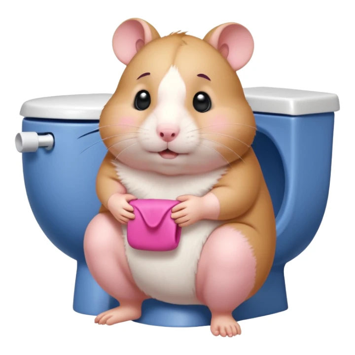 Cute chubby cartoon-style hamster sitting on toilet pooping looking as if he had an accident sticker