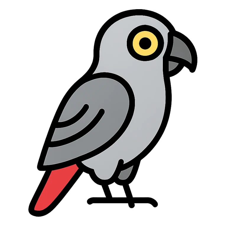 african grey parrot, minimal flat icon, simple shapes, grey and red accents sticker