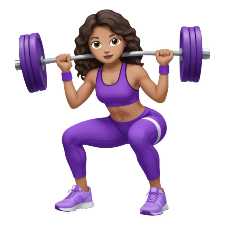 mujer de tez trigueña, con cabello castaño oscuro ondulado con pequeñas ondas, con el cabello super largo hasta las rodillas estilizado, con ropa deportiva morada/lila, tenis blancos deportivos y levantando una pesa sticker