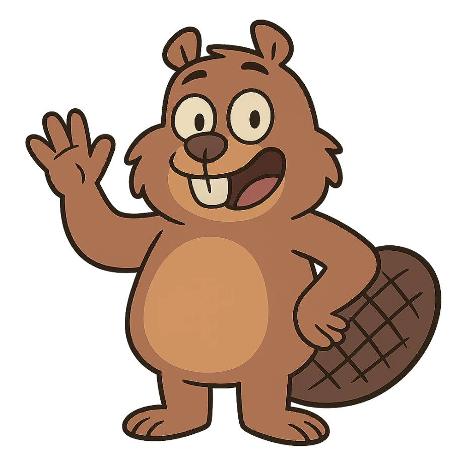 beaver character waving hand, welcoming expression, cartoon style sticker