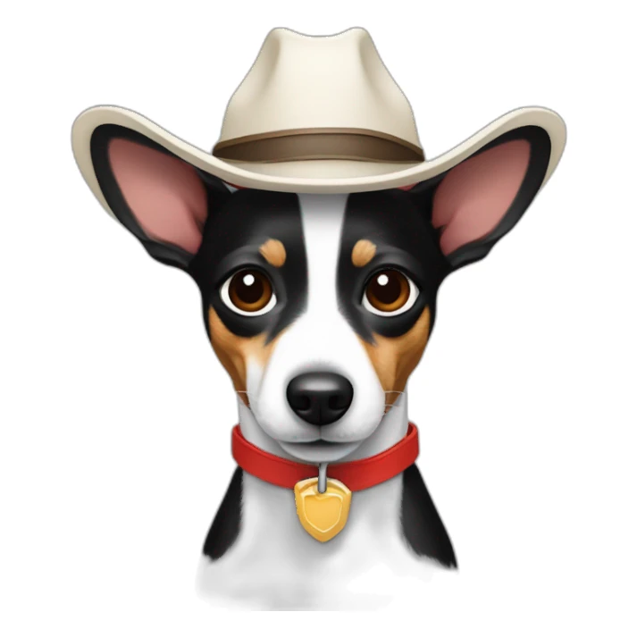 rat terrier wearing a cowboy hat and red collar smiling no brown (black and white) sticker