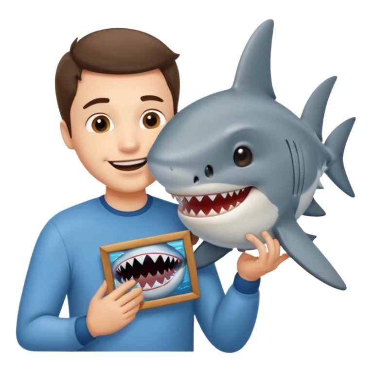 Man kissing a picture of a shark sticker