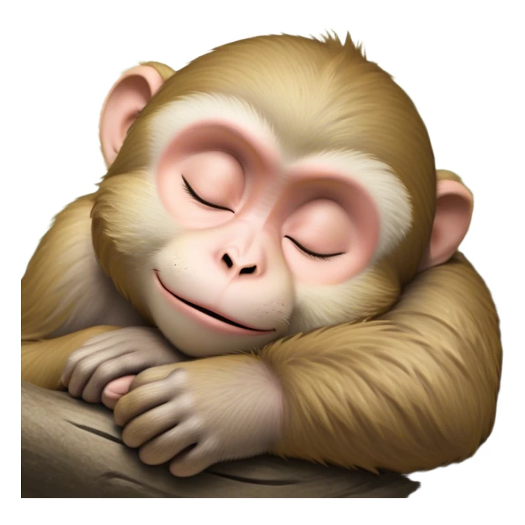 Meme-Worthy cute Sleeping Macaque Portrait Emoji, Head resting peacefully with a contented smile, showcasing soft, downy fur and eyes gently closed in serene slumber, Simplified yet comically adorable features, highly detailed, glowing with a soft, drowsy glow, high shine, relaxed and utterly lovable, stylized with an air of playful laziness, bright and heartwarming, soft glowing outline, capturing the essence of a sleeping macaque that feels destined to become the next viral icon of adorable rest! sticker