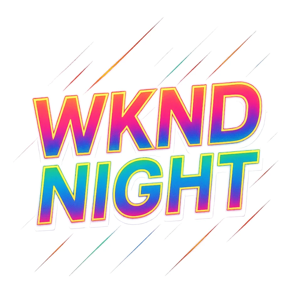 WKND NIGHT in a bold, modern typographic logo, neon colors, energetic party vibe sticker