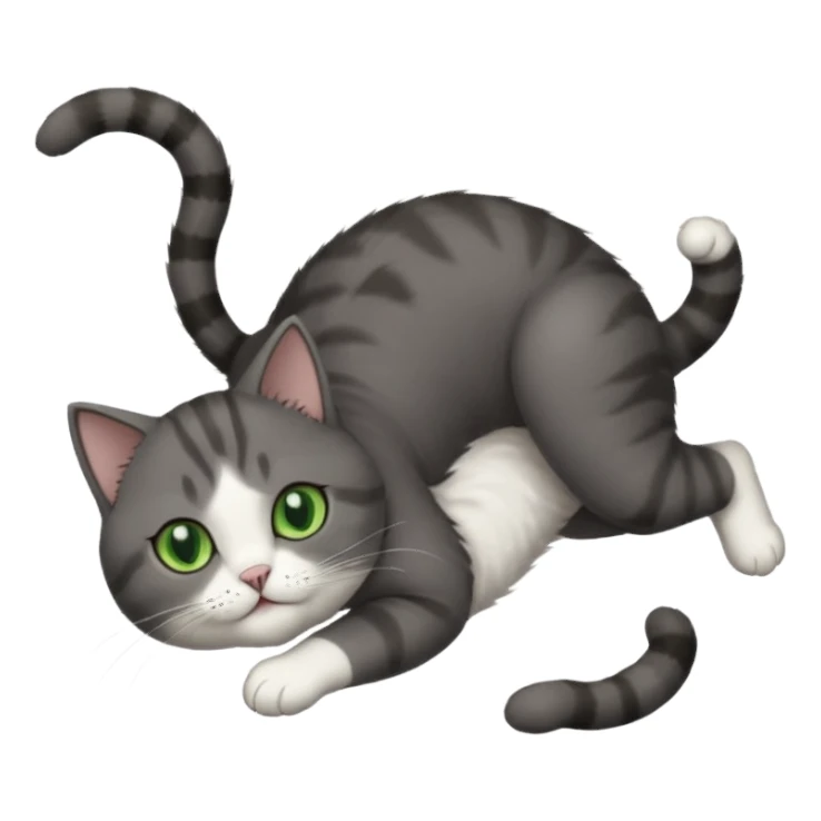 dark grey cat with green eyes, white toes/paws and white patch on her chest playfully rolling upside down sticker