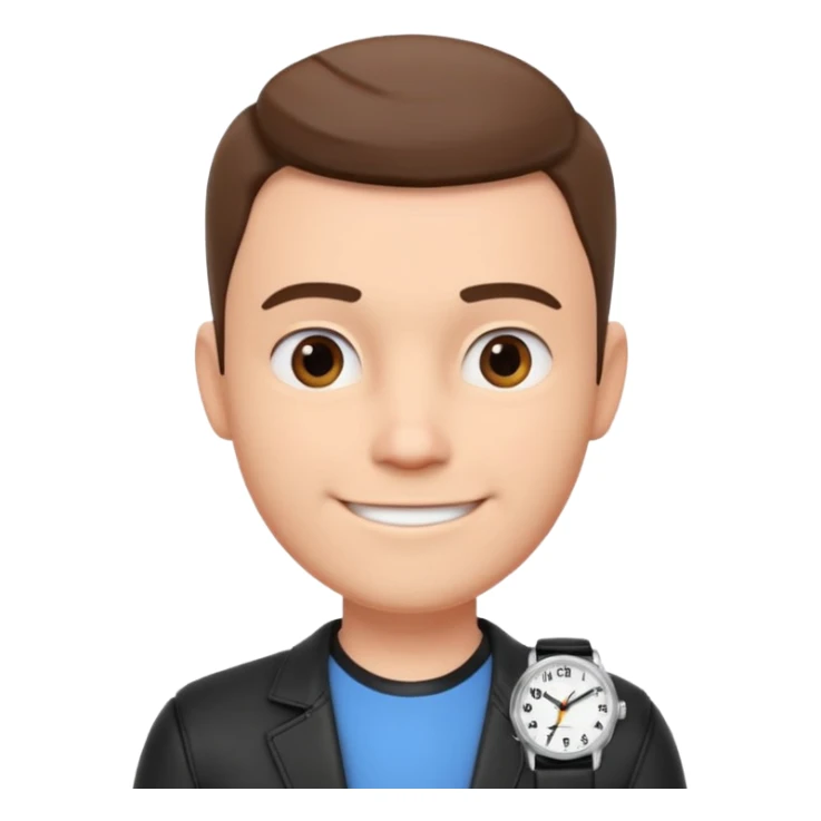 man wearing a black strap watch portrait, head and shoulders only, round face, soft jawline, friendly smile, black leather strap watch visible, 3D cartoon, mobile game icon style, clean background, no text, no watermark sticker