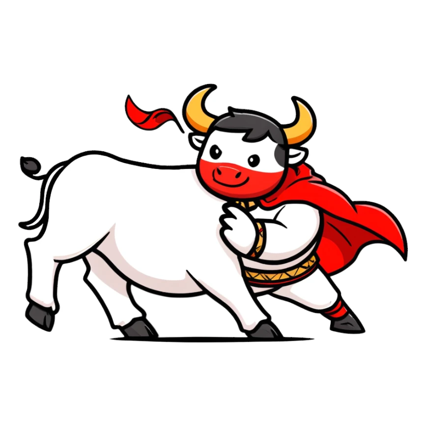 matador in traditional costume with red cape and bull sticker