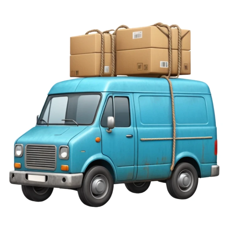 create a realistic emoji of packages wich got stabalised by ropes in a logistic van sticker