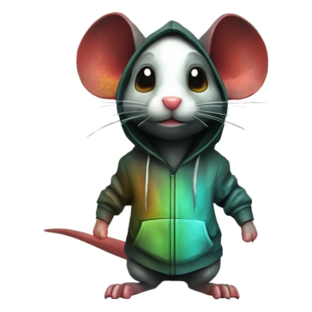 Black red gold green cyan rusty grunge effect scratched patina rat mouse puppy scorpion tail stinger wearing a hoodie 3d render low poly sticker