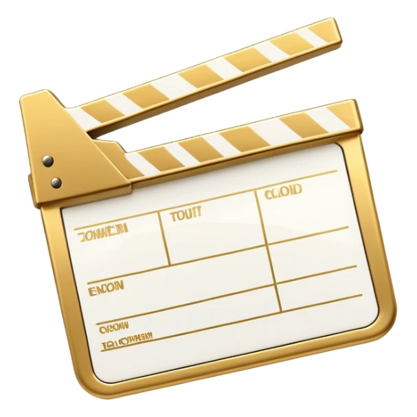 ultra simplified movie clapper with gold and white colors, two simple rectangles with a diagonal line sticker