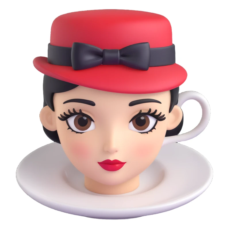 espresso cup with a feminine face, elegant eyelashes, red lips, and a tiny hat sticker