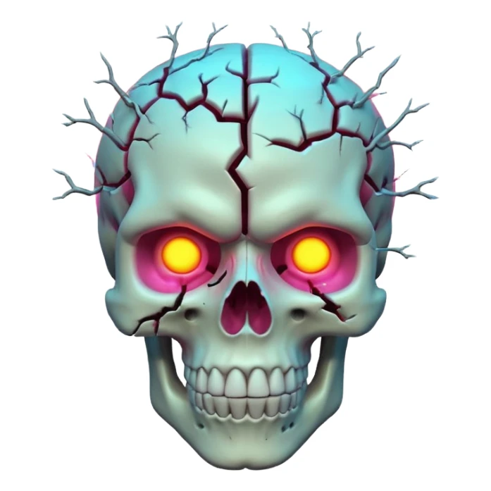 3D skull with cracked open brain glowing neon inside, dark phonk vibe, intense attitude sticker
