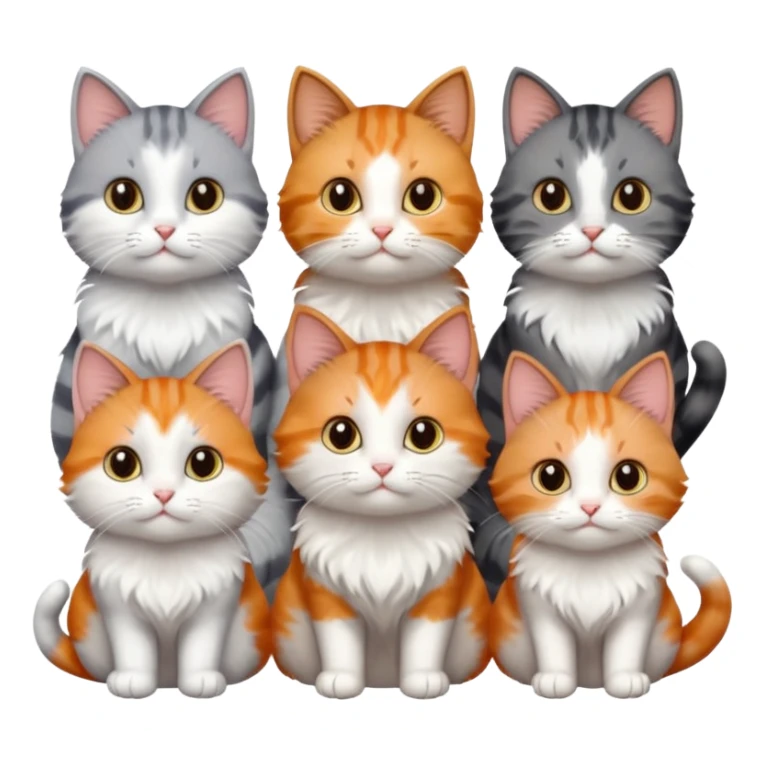 6 cats with different coloured coats, 2 are grey and white, 1 is grey with a little white, 1 calico, 1 brown tabby and white and one ginger and white sticker