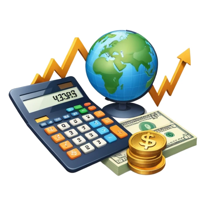 An icon featuring a calculator, a dollar sign, and a chart with upward trends, symbolizing economics. The design includes coins, bills, and a globe, representing global trade and financial systems. Transparent background highlights the study of markets, supply, and demand. sticker