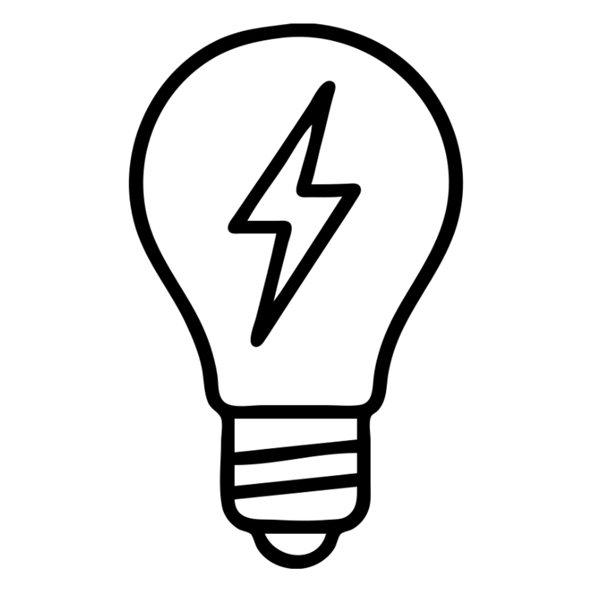 minimalist vector icon of a classic incandescent lightbulb with rounded glass bulb and screw-in base, with a sharp angular lightning bolt passing vertically through the center of the bulb, clean modern vector art, single dark gray color, no gradients or shadows, bold clear lines, balanced proportions, unified design sticker