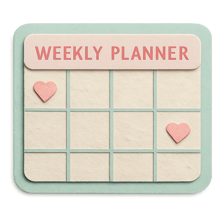 soft pastel kawaii weekly planner box with tiny heart icons, mint green border sticker