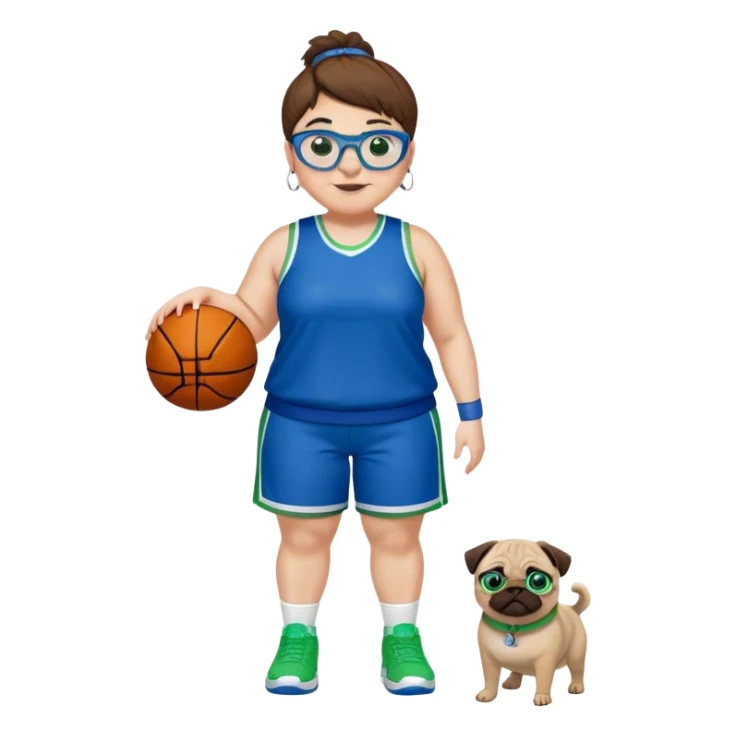 Full Body plus size white female basketball player with short medium brown hair with  spike hair wearing blue glasses 
With a pug wide nose wearing blue green uniform  green sneakers smiling wearing silver hoop earrings sticker