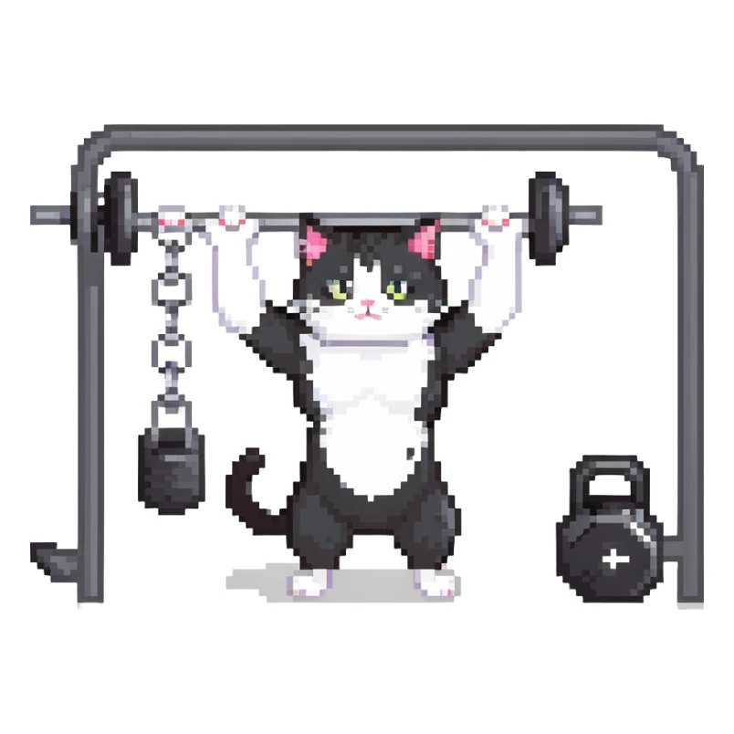 black and white cat lifting weights in a gym sticker